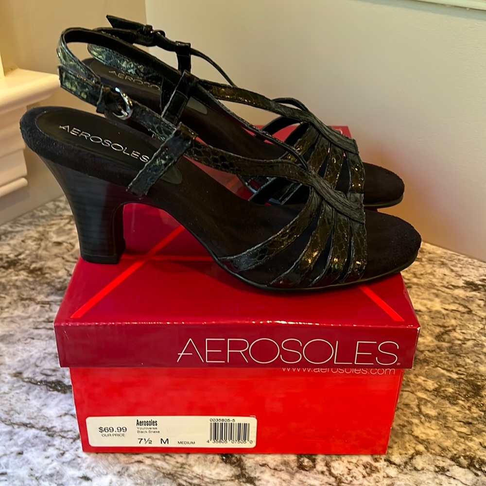 Women’s Aerosoles Youniverse Black snake 7 1/2M dress Sandals Heels in box